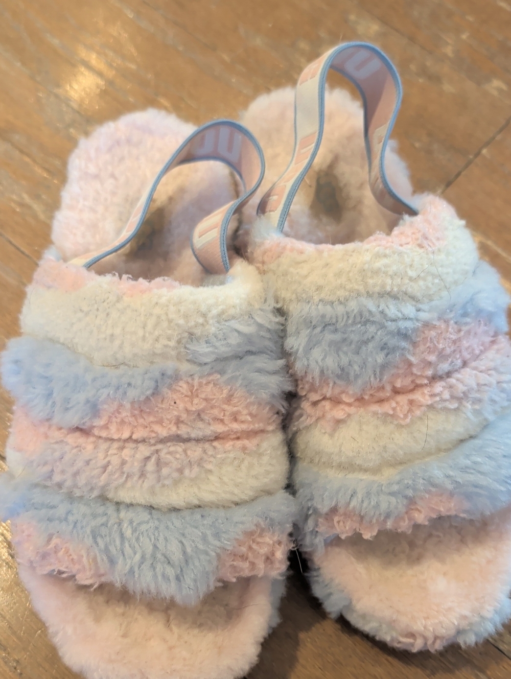UGG Girls Plush Slide Sandals in Pastel Pink, Blue & Cream